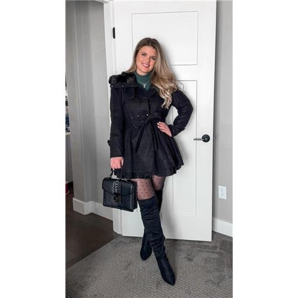 Women's Fashion Faux Fur Lapel Double-Breasted Thick Wool Trench Coat Winter - Picture 2 of 6